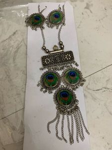 Boho Peacock Feather Necklace & Earring Set