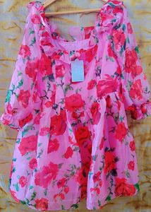 Korean Pink Floral Organza Dress