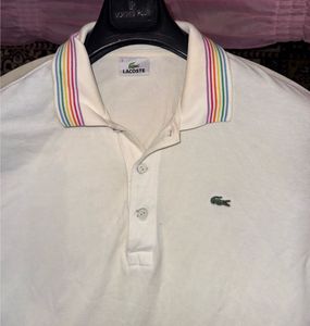 Lacoste Men's White Polo Shirt Rainbow Trim