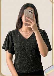 Sparkly Black V-Neck Flutter Sleeve Top