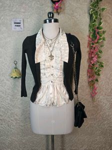 Chic Ruffled Cream Blouse & Cardigan Set