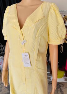 Yellow Striped Puff Sleeve Mini Dress