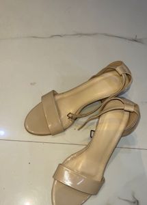 Elegant Nude Patent Block Heel Sandals