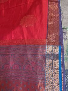 Red Silk Saree with Blue Brocade