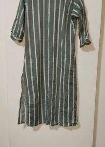 Olive Green &amp; White Striped Straight Kurti | Casua