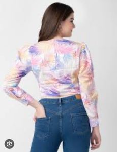Tropical Print Square Neck Long Sleeve  Crop Top