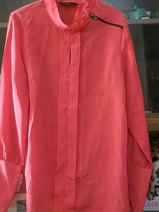Coral Zipper Accent Blouse