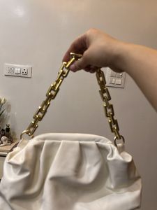 Chic White Ruched Clutch with Gold Chain