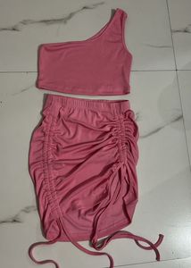 Pink One-Shoulder Ruched Mini Dress Set