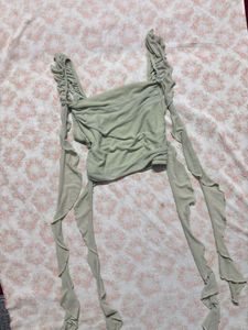 Sheer Ruched Crop Top with Draping Sleeves