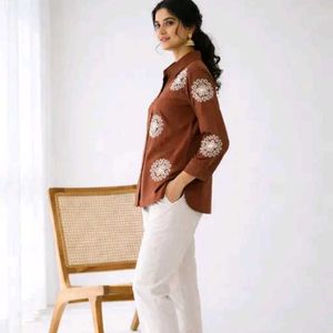 Chic Brown Floral Embroidered Shirt
