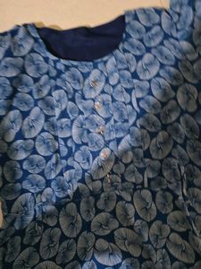 Blue Leaf Print Flared Dress