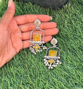 Designer Oxidised Yellow Earrings Pearl Jhumka