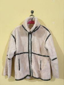 Cream Sherpa Fleece Jacket with Black Trim