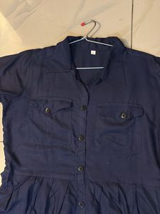 Navy Blue Button-Front Midi Dress