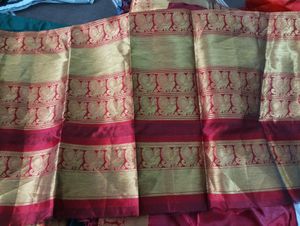 Green and Gold Saree with Red Border