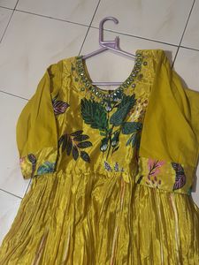 Yellow Ethnic Gown with Floral Print