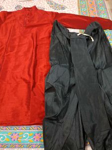 Red Silk Kurta with Black Dhoti – Men