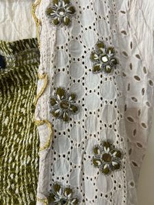 Ethnic White &amp; Olive dress with detachable jacket
