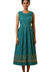 Women’s Teal Blue Embroidered Ethnic Gown Dress