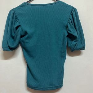 Teal Puff Sleeve Ribbed Top