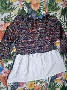 Tweed Peplum Top with White Skirted Hem