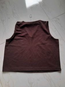 Brown Ribbed V-Neck Sleeveless Top