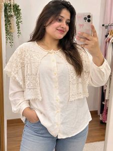 Women's Ivory Button-Front Blouse with Lace Cape