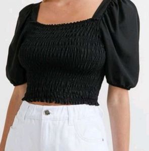 Black Smocked Puff Sleeve Top