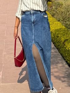 Denim Midi Skirt with Slit