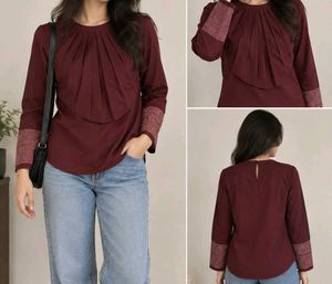Maroon Pleated Long Sleeve Top