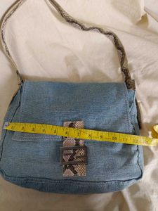 Denim Shoulder Bag with Snake Print Accent