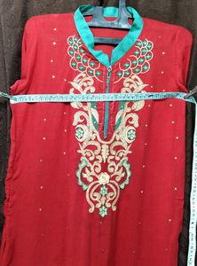 Embroidery Cotton Red kurti designer Rhinestone