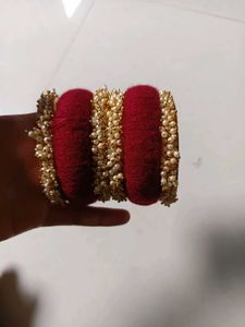 Elegant Red & Gold Pearl Bangles