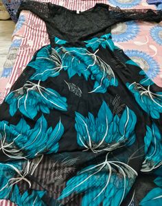 Elegant Teal Floral Print Gown