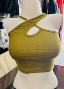 Olive Ribbed Crisscross Halter Top