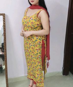 Beautiful Yellow Floral Kurta Set with Red Dupatta