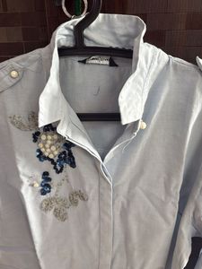 Stylish Light Blue Embellished Shirt