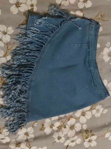 Denim Skirt with Fringe Detail