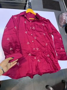 Embroidered Burgundy Button-Up Shirt