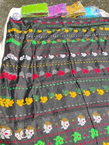 Black Saree with Floral Motif JAMDANI COTTON