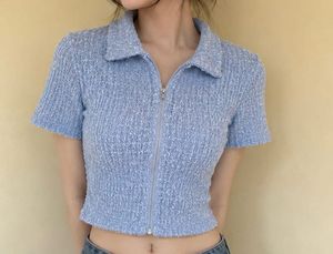 Chic Blue Textured Zipper Top