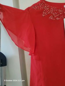 Red Beaded Neckline Top
