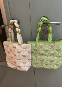 Embroidered Handbag raw silk ( Green / Beige)
