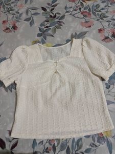 Chic Textured White Square Neck Top