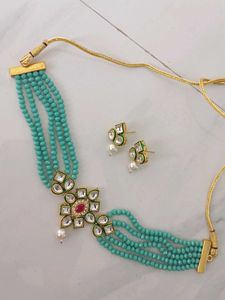 Turquoise Beaded Choker Necklace & Earrings Set