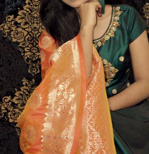 Elegant frock with Orange Dupatta and leggings Set