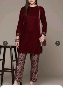 Maroon Velvet Kurta Set