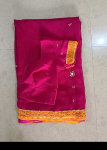 Vibrant Pink &amp; Yellow Embroidered Saree