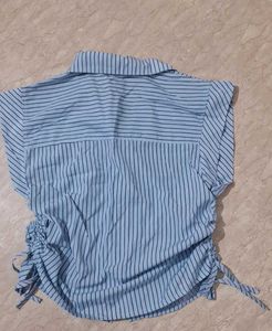Blue Striped Ruched Button-Up Top
